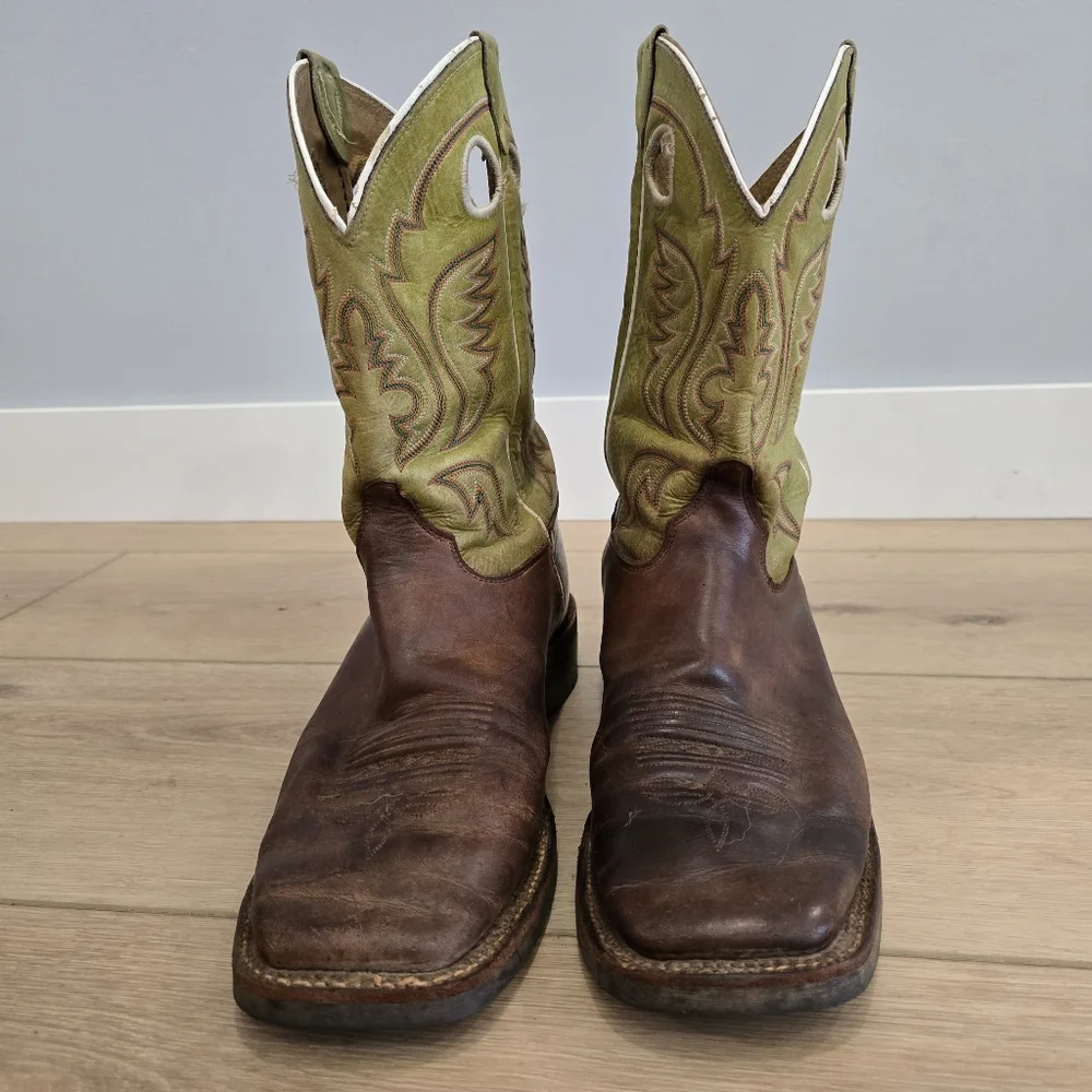 Justin Men's 12 D Cognac Green SquareToe Cowboy Western Boots Handcrafted in USA